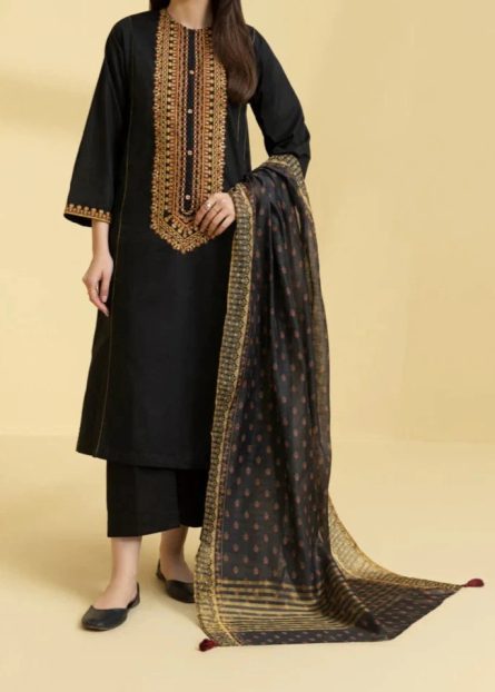 Urban Trend Classic Black & Gold Embroidered 3-Piece Lawn Suit - Image 2